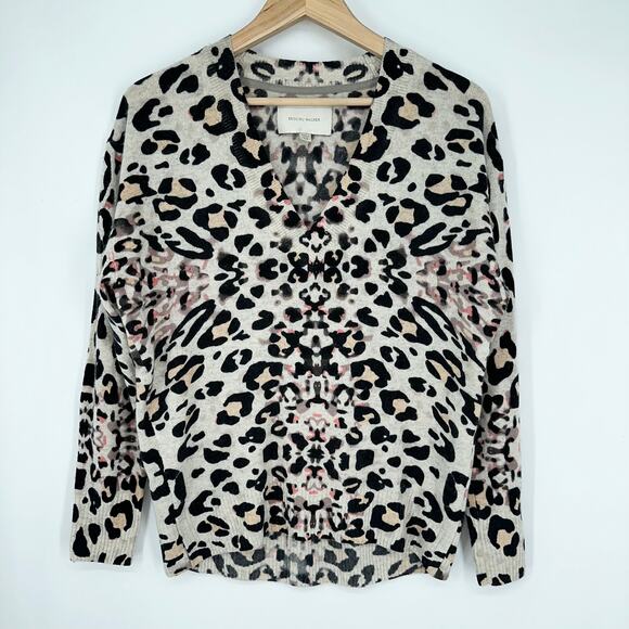 Brochu Walker 100% Cashmere Printed V-Neck Kelso Sweater Leopard Pullover - Picture 4 of 13